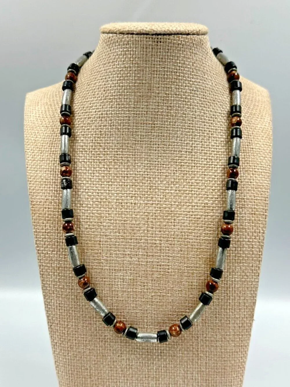3/$30 Mens Necklace Silver Tone Tube Beads Black Brown Rustic Beaded 16 Inch